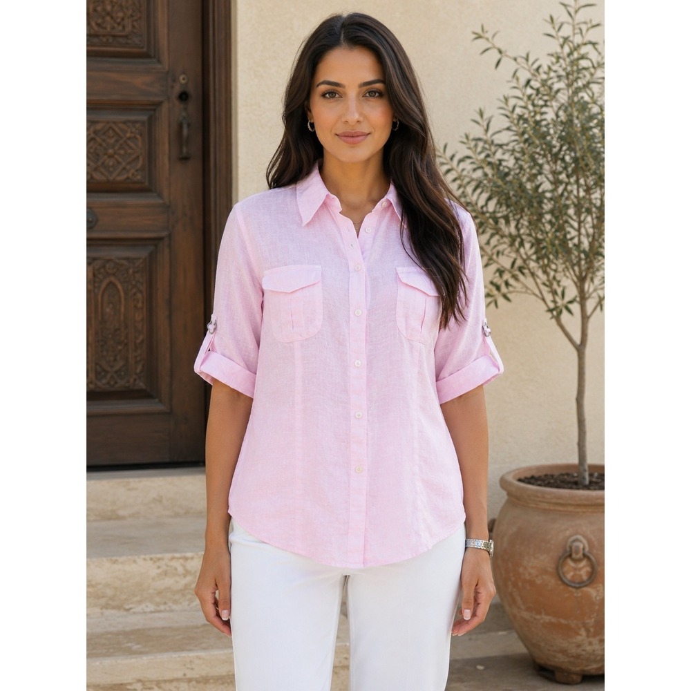 Taboo Basic 100% Linen Shirt Womens M Pink Button Up Roll Tab Utility Casual Top